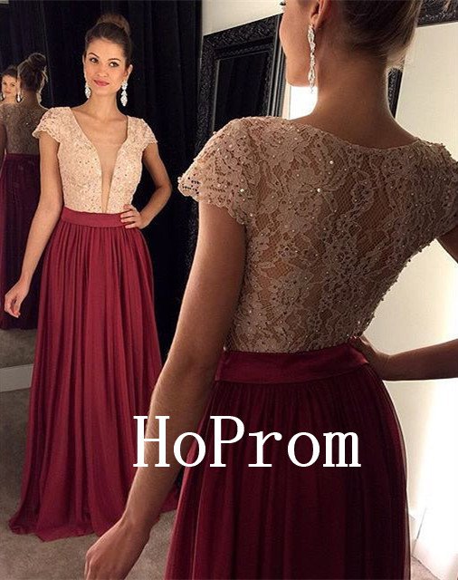 Short Sleeve Prom Dress,Beading Prom Dresses,Long Evening Dress