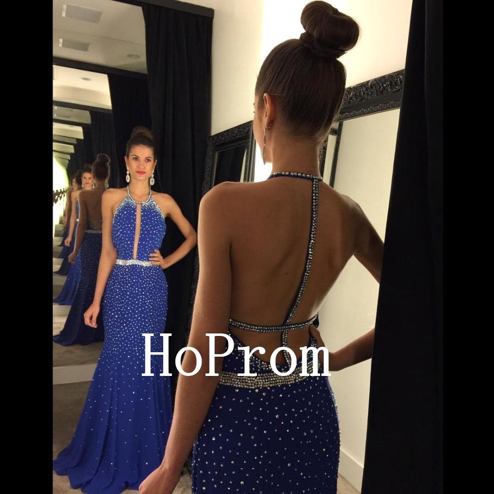 Open Back Prom Dress,Royal Blue Prom Dresses,Long Evening Dress