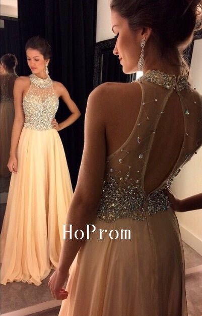 Crystals Prom Dress,High Neck Prom Dresses,Evening Dress