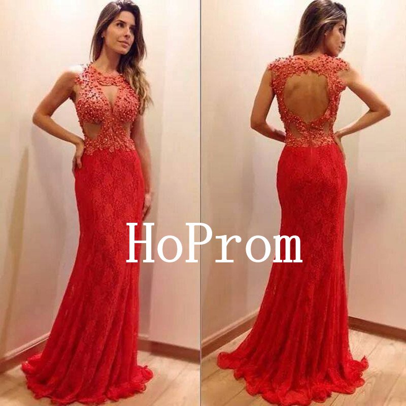 Red Lace Prom Dress,Pearls Prom Dresses,Evening Dress