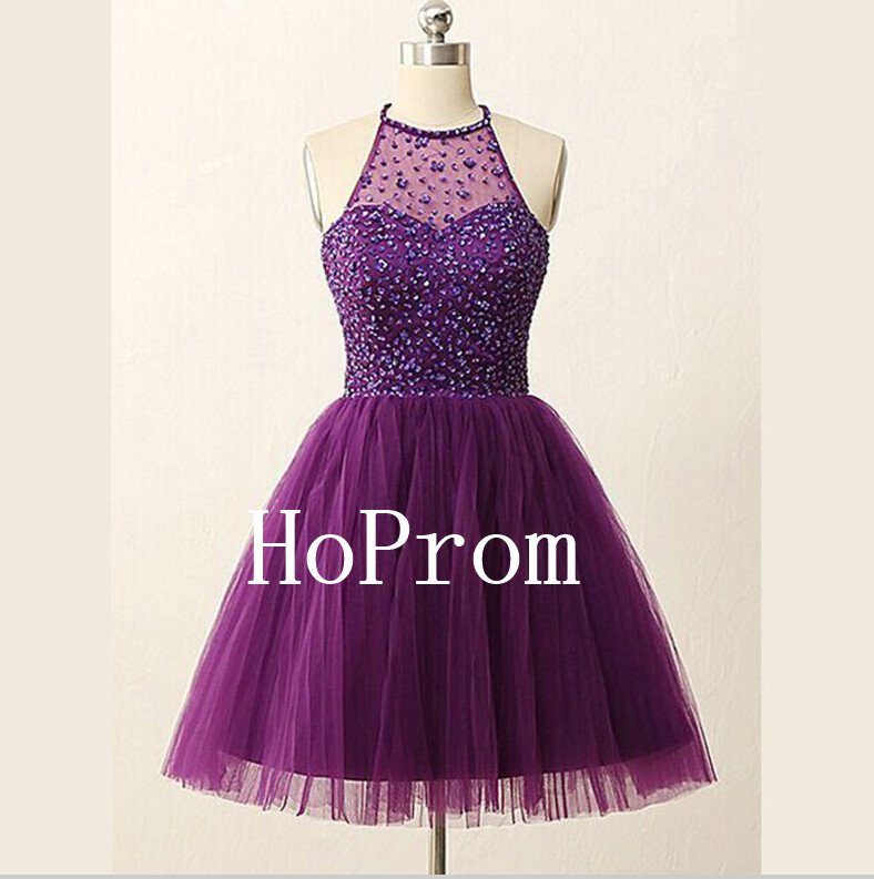 Short Beaded Homecoming Dress,Purple Tulle Homecoming Dresses,Prom Dress