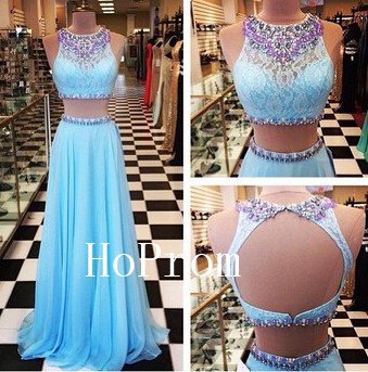 Two Piece Prom Dress,Blue Lace Prom Dresses,Evening Dress