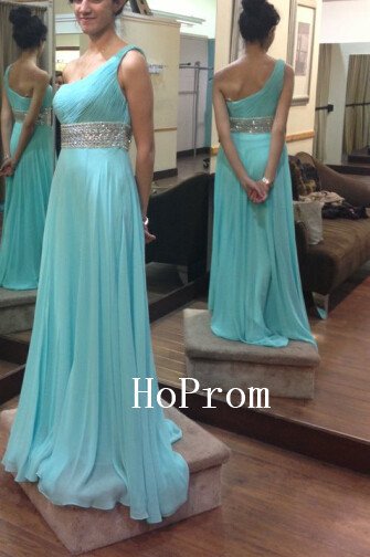One Shoulder Prom Dress,Blue Beaded Prom Dresses,Evening Dress