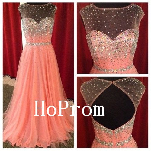 Sleeveless Beading Prom Dress,Coral Prom Dresses,Evening Dress