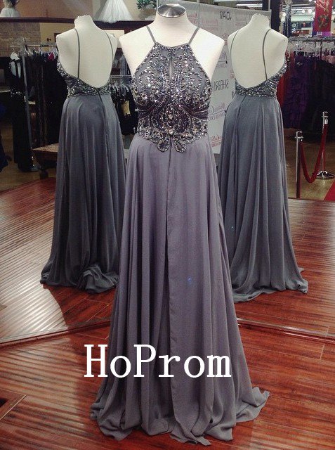 Long Halter Prom Dress,A-Line Prom Dresses,Beading Evening Dress