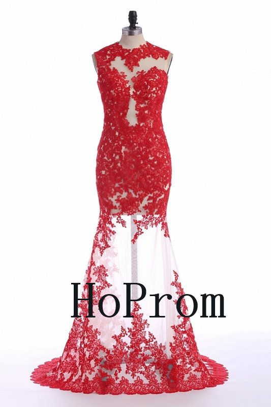 Sleeveless Red Prom Dress,Applique Prom Dresses,Evening Dress