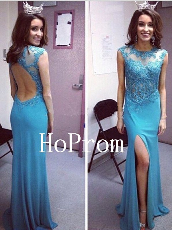 Blue Applique Prom Dress,Split Long Prom Dresses,Evening Dress