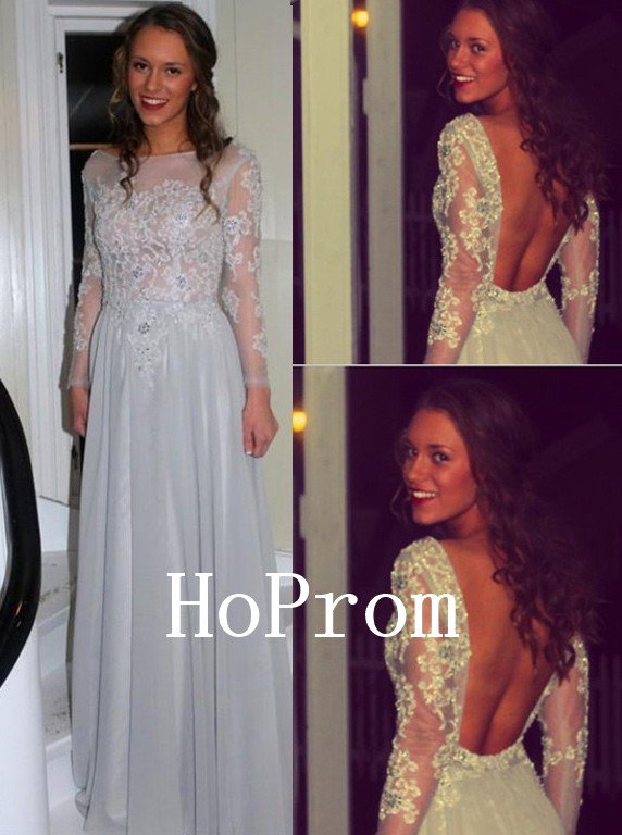 Open Back Prom Dress,Long Sleeve Prom Dresses,Evening Dress