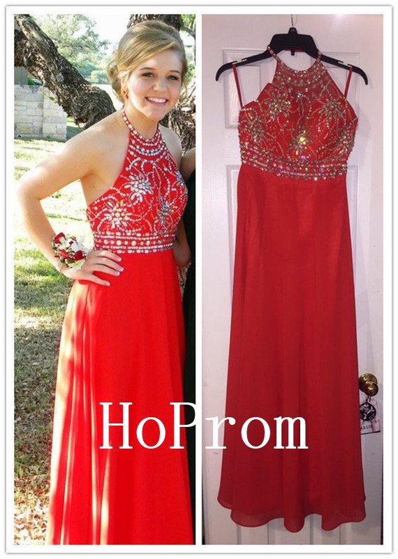 Beaded Red Prom Dress,Halter Prom Dresses,Evening Dress