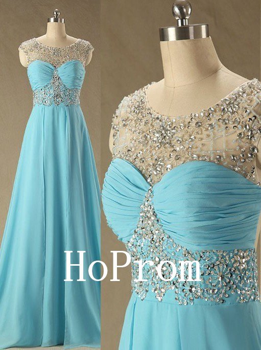 Blue Beaded Prom Dress,A-Line Prom Dresses,Evening Dress