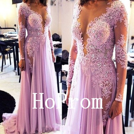 Applique Beaded Prom Dress,Long Sleeve Prom Dresses,Evening Dress