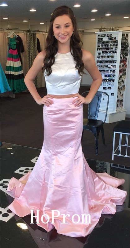 Two Piece Prom Dress,Satin Long Prom Dresses,Evening Dress