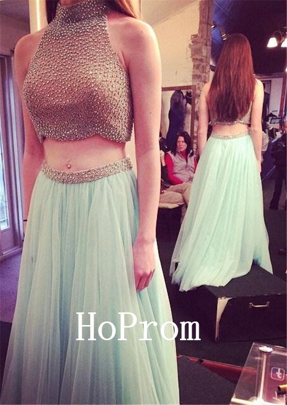 Two Piece Prom Dress,High Neck Prom Dresses,Evening Dress