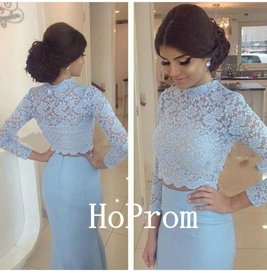 Light Blue Prom Dress,Lace Satin Prom Dresses 2017