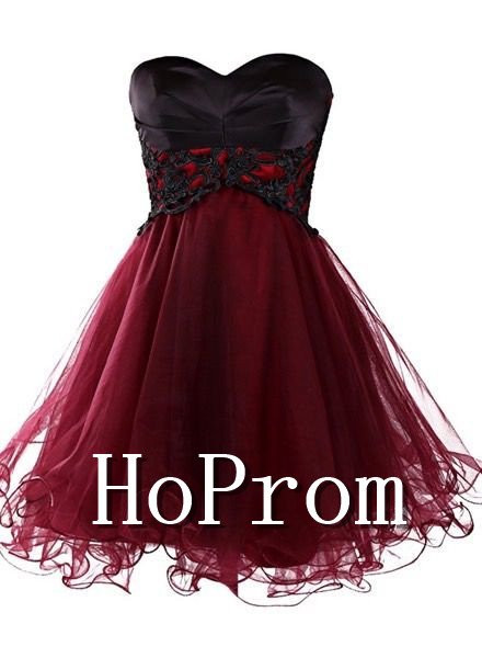 Black Applique Prom Dress,Short Tulle Prom Dresses 2017