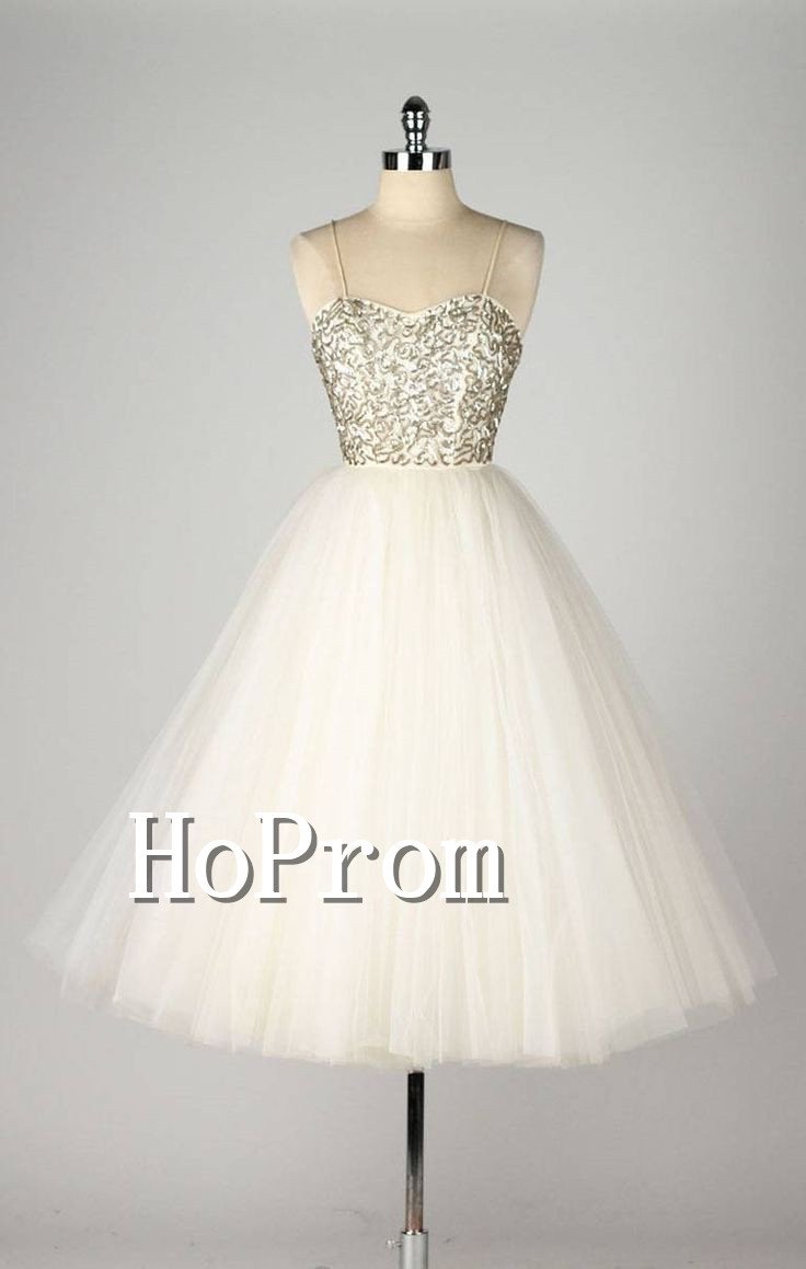 Spaghetti Straps Homecoming Dresses,Tea Length Prom Dresses