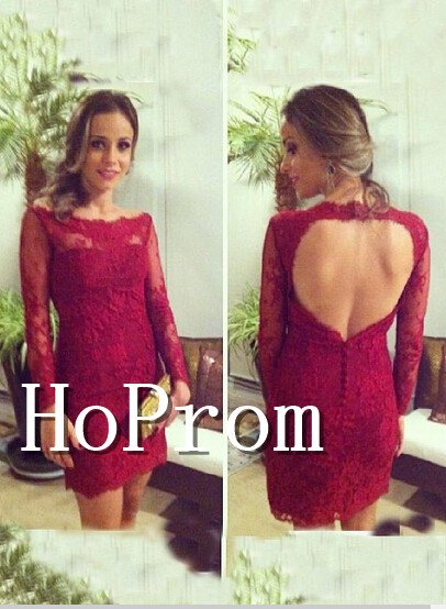 Long Sleeve Homecoming Dresses,Backless Lace Prom Dresses