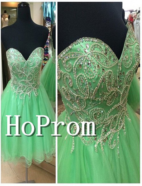 Sweetheart Beaded Homecoming Dresses,Green Tulle Prom Dresses