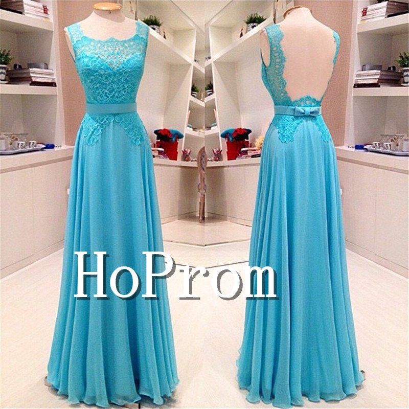 A-Line Blue Prom Dress,Backless Long Prom Dresses