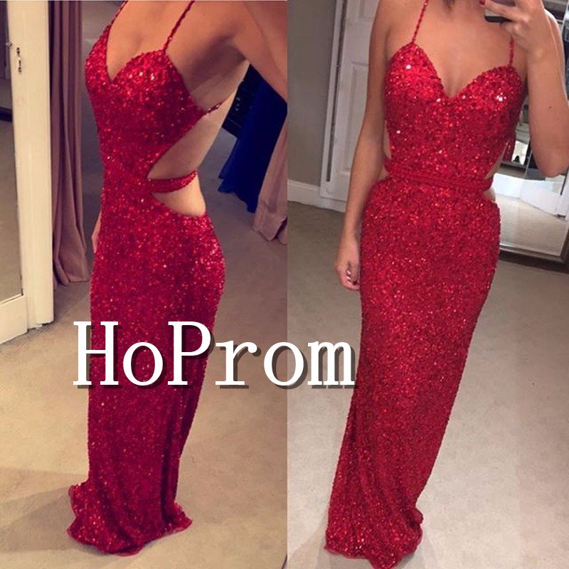 Spaghetti Straps Prom Dress,Red Sparkly V Neck Prom Dresses