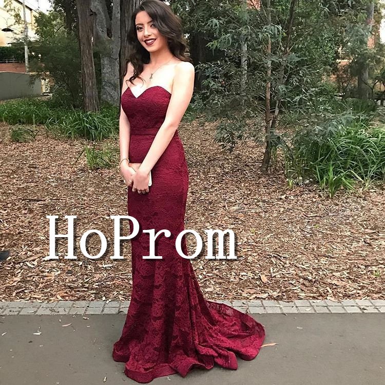 Floor Length Sweetheart Prom Dress,Burgundy Lace Prom Dresses