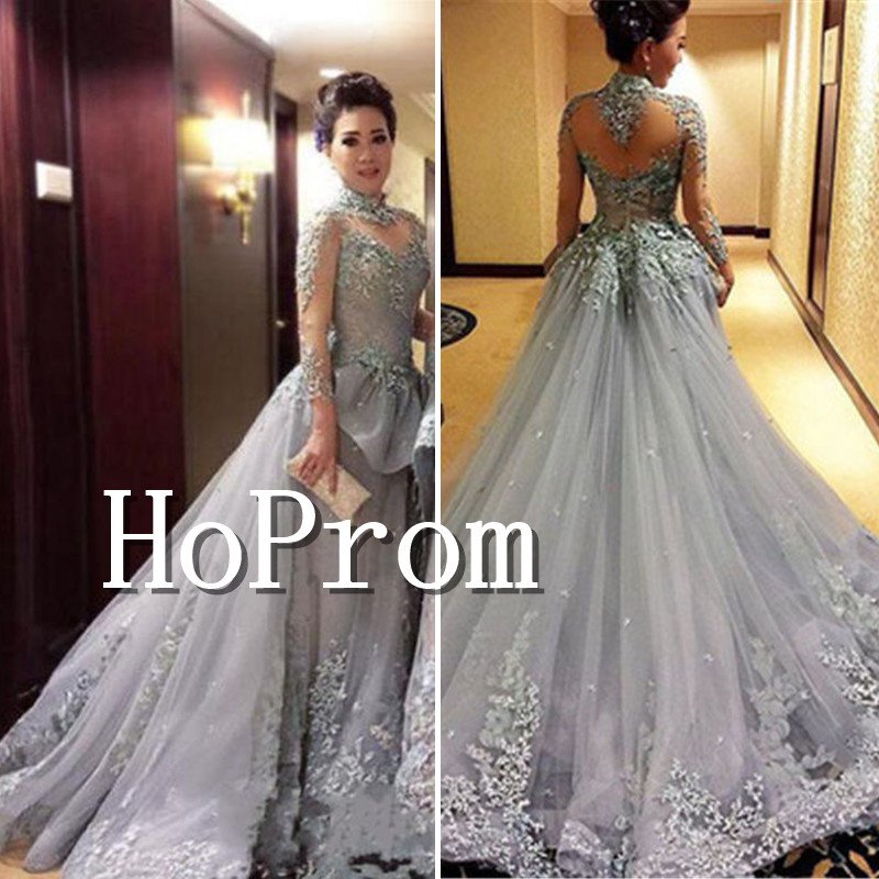 High Neck Applique Sexy Prom Dress,Floor Length Prom Dresses