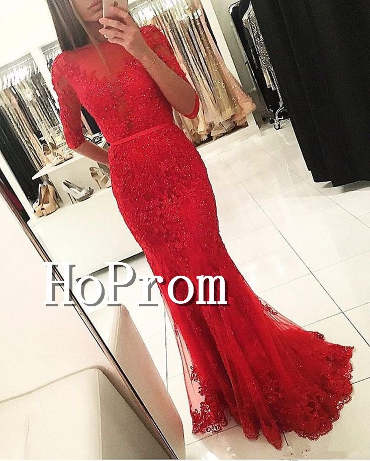 Long Sleeve Sexy Prom Dress,Beading Red Prom Dresses