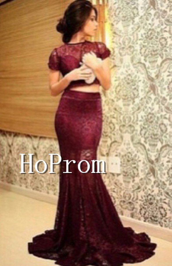 Short Sleeve Lace Prom Dress,Two Piece Prom Dresses