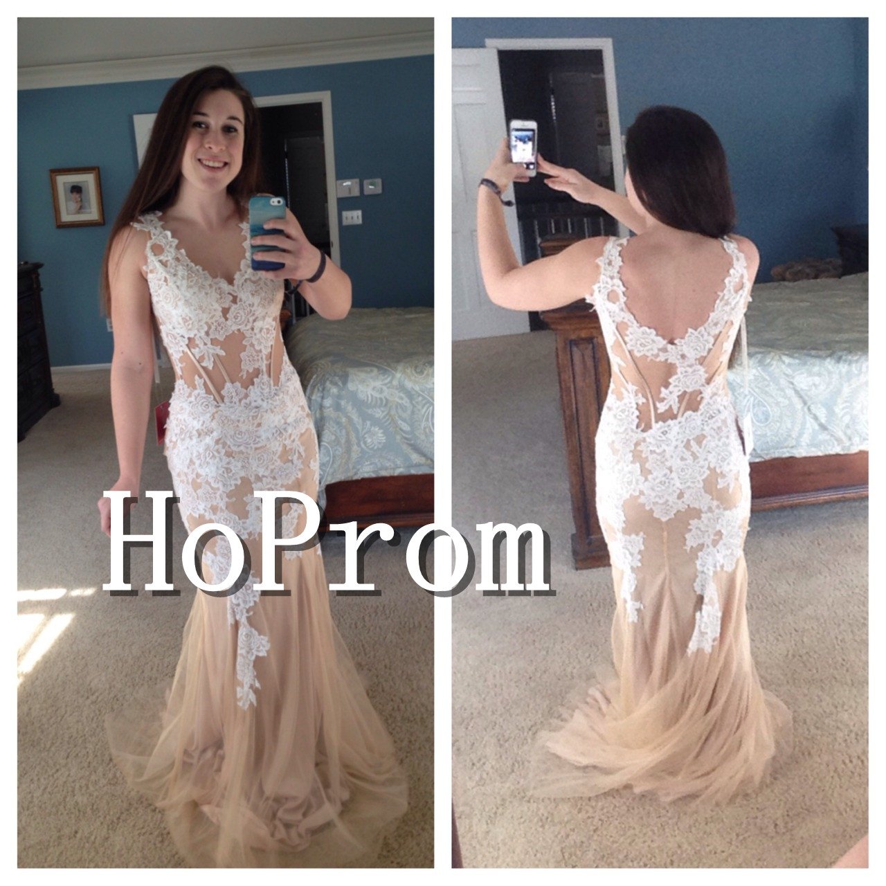 V-Neck Prom Dresses,Lace Tulle Long Strapless Prom Dresses