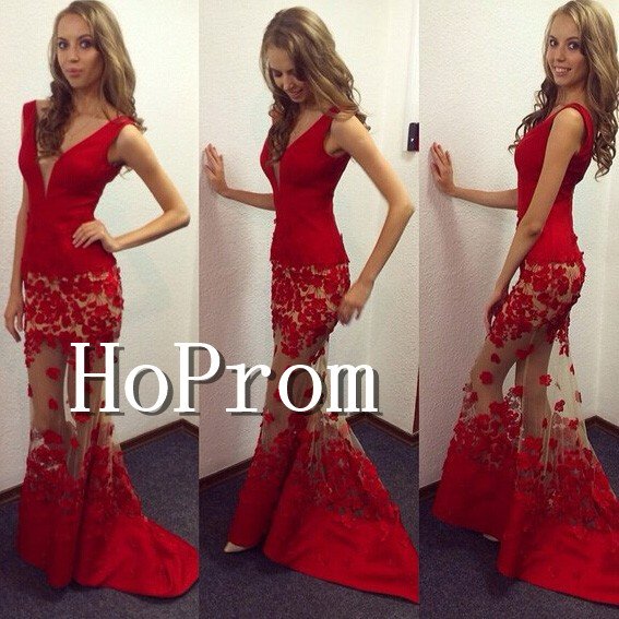 Sleeveless Red Prom Dress,V-Neck Long Prom Strapless Dresses