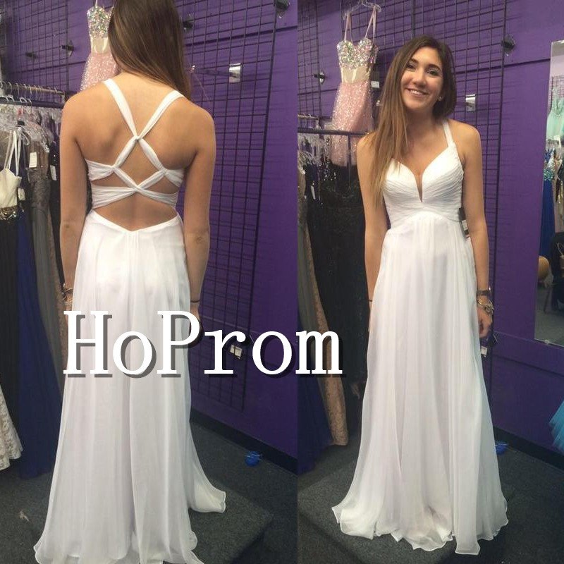 A-Line Simple Prom Dresses,White Chiffon Prom Dresses