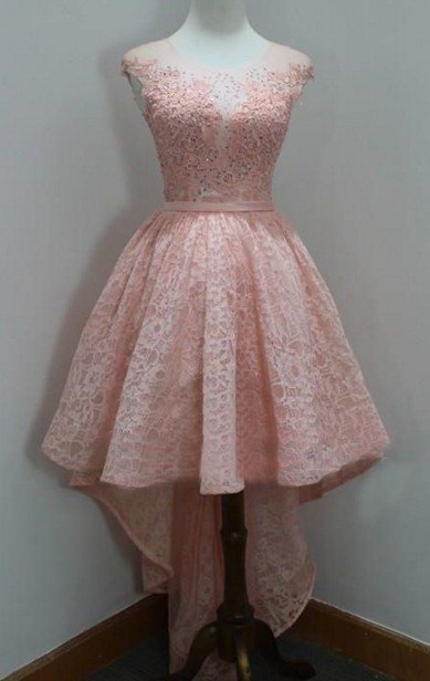 Beading Homecoming Dress, Pink Lace High Low Homecoming Dresses