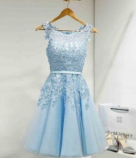 Appliques Sky Blue Elegant Scoop Neck Homecoming Dress