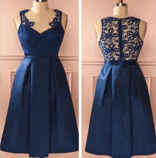 V-neck Lace Navy Blue Homecoming Dress, Short Prom Dresses