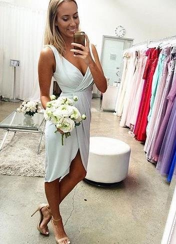 Light Blue Short Short V Neck Chiffon Homecoming Dress Bridesmaid Dress