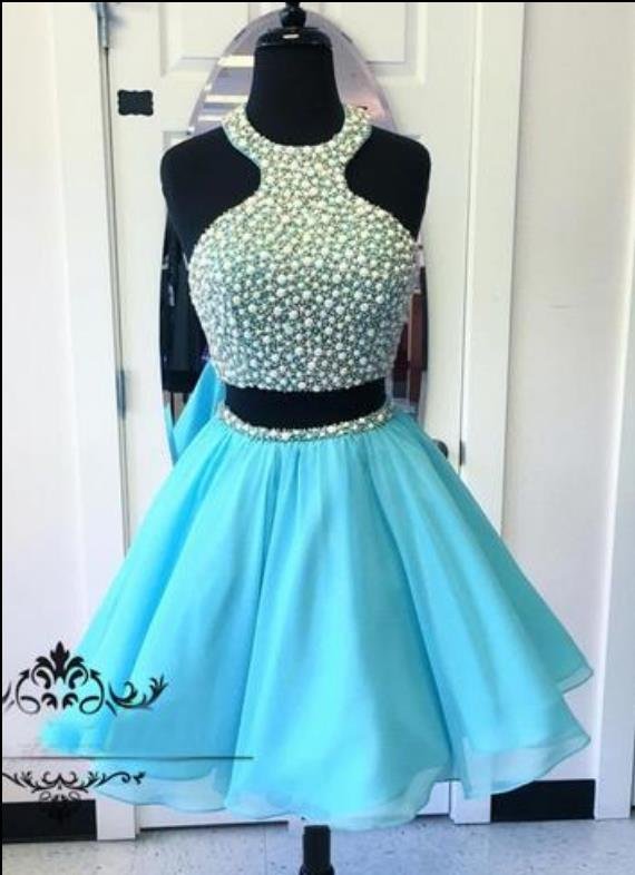 Blue Two Piece Homecoming Dress with Beads