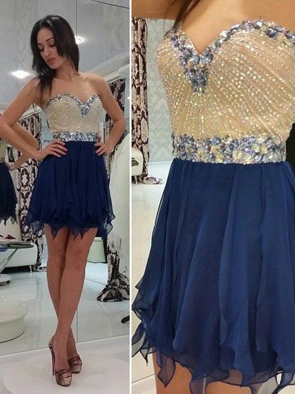 A-Line Sleeveless Sweetheart Beading Chiffon Mini Homecoming Dresses
