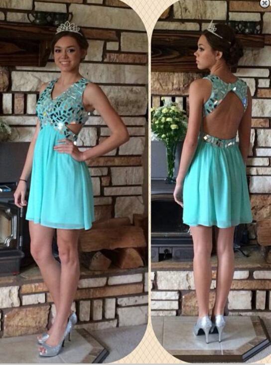 V Neck Crystals Homecoming Dress, Open Back Backless Homecoming Dresses