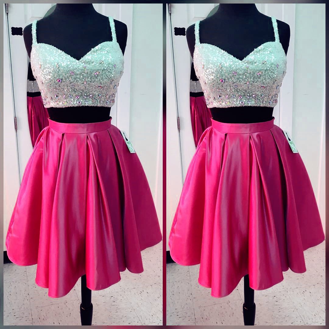 Pink Two Pieces Crystal Sequins V Neck Homecoming Dress, Sexy Short Homecoming Dresses
