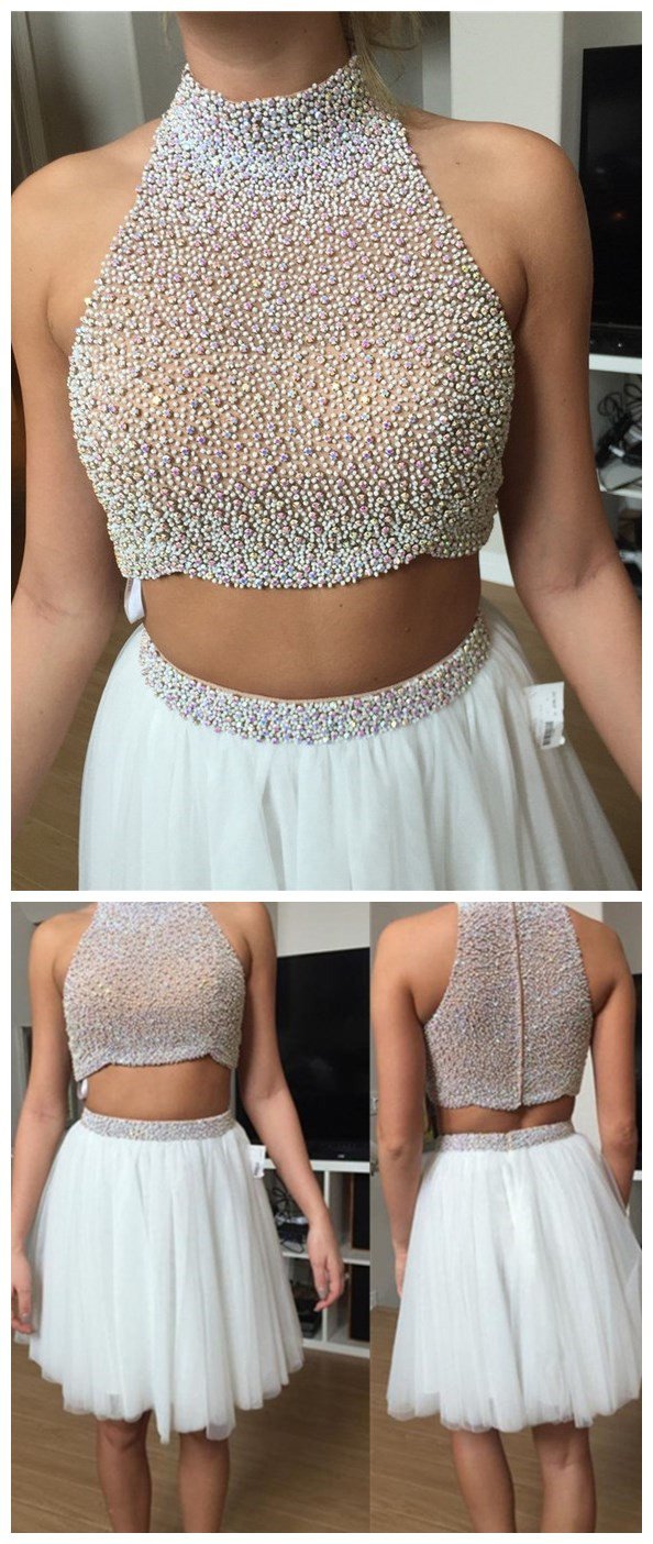 White Halter Homecoming Dress, Beadings Homecoming Dress