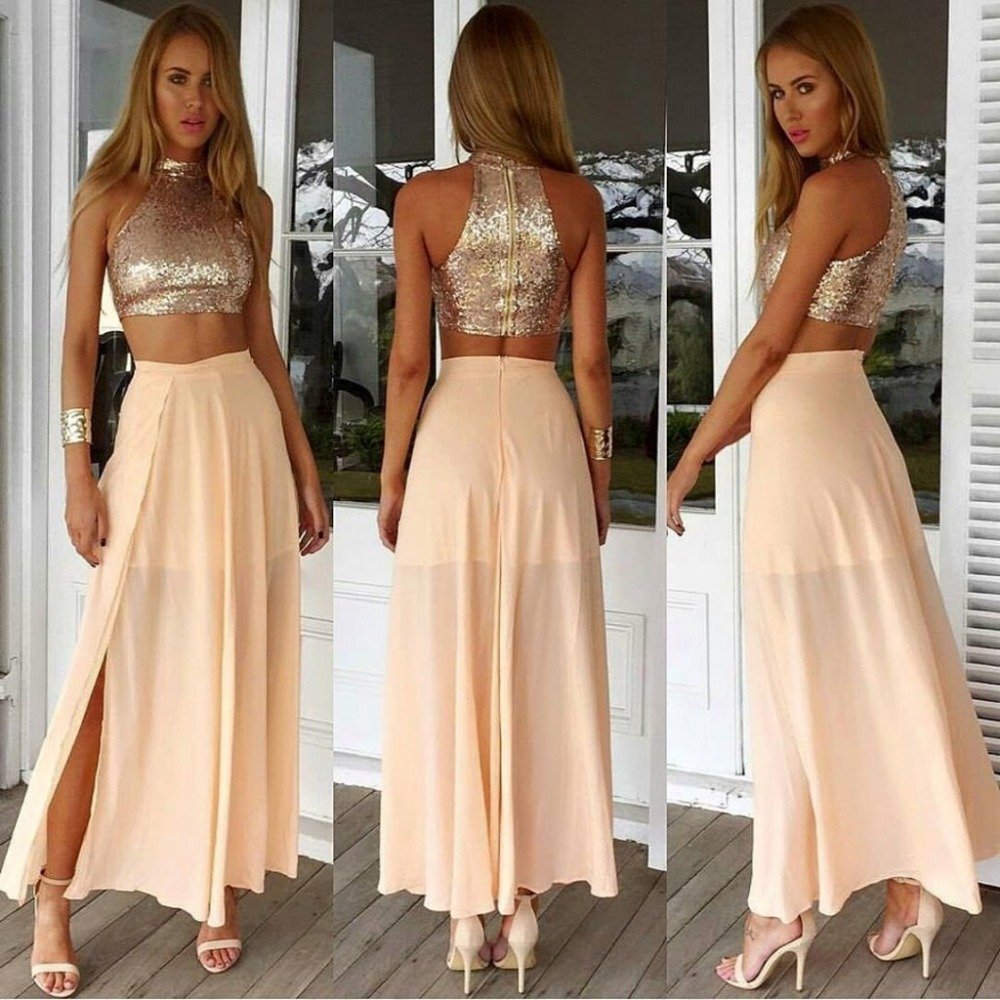 Yellow Halter Homecoming Dress, Two Pieces Homecoming Dress