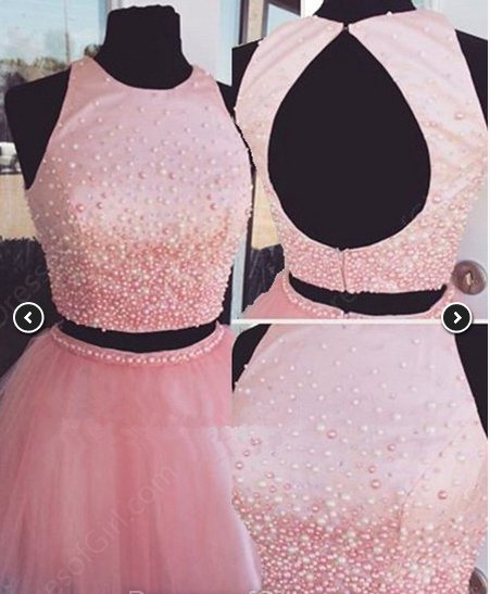 Scoop Neck Satin Tulle Princess ShortMini Pearl Detailing Two Piece Homecoming Dresses