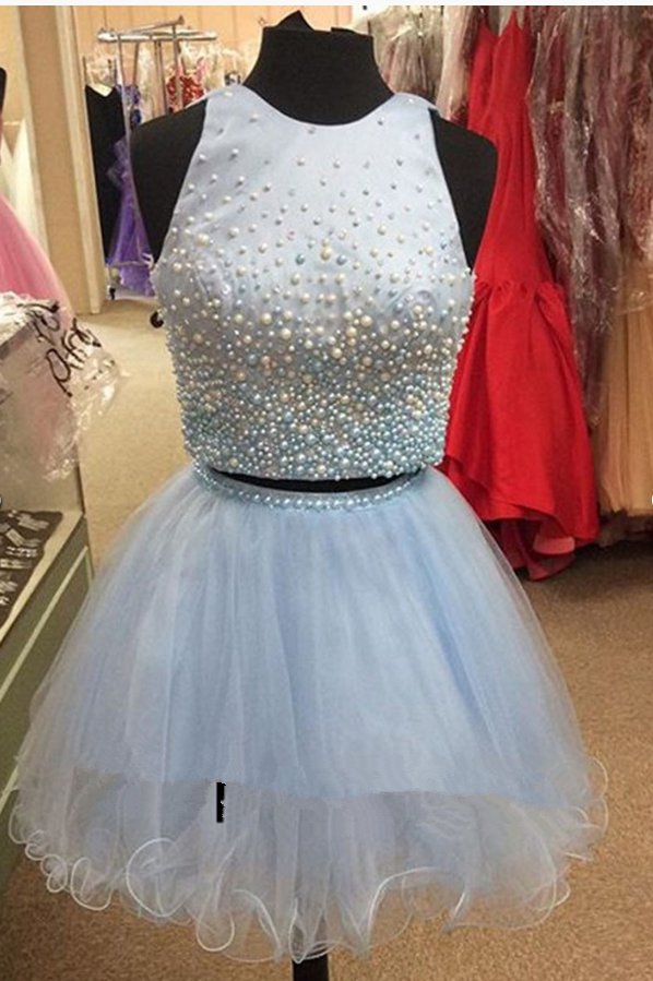 Satin Tulle ShortMini Pearl Detailing Two Piece Princess Scoop Neck Homecoming Dresses