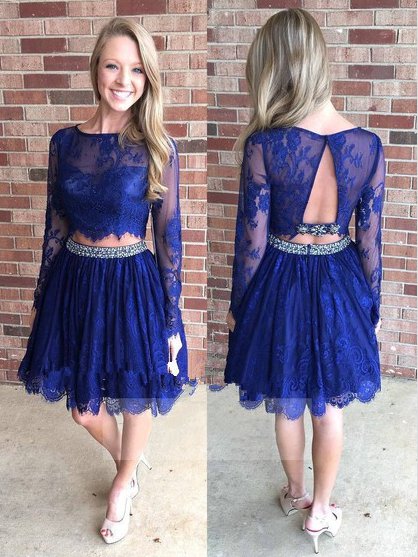 Scoop Neck Lace Knee-length Two Piece A-line Beading Long Sleeve Homecoming Dresses