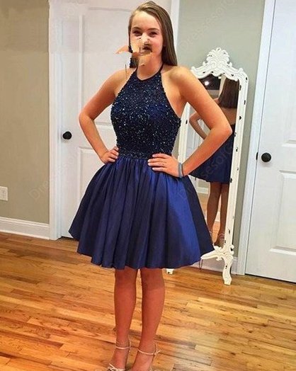 Elastic Woven Satin ShortMini A-line Halter Beading Homecoming Dresses
