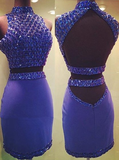 Silk-like Satin ShortMini Beading Two Piece SheathColumn High Neck Open Back Homecoming Dresses