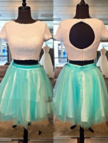 Elastic Women Satin ShortMini Tulle Two Piece Short Sleeves Homecoming Dress