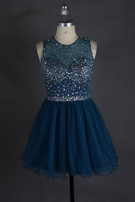 Navy Blue Crystal Homecoming Dress, Chiffon Homecoming Dress
