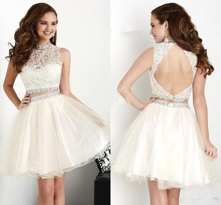 White Lace Chiffon Homecoming Dress, Cute Homecoming Dress