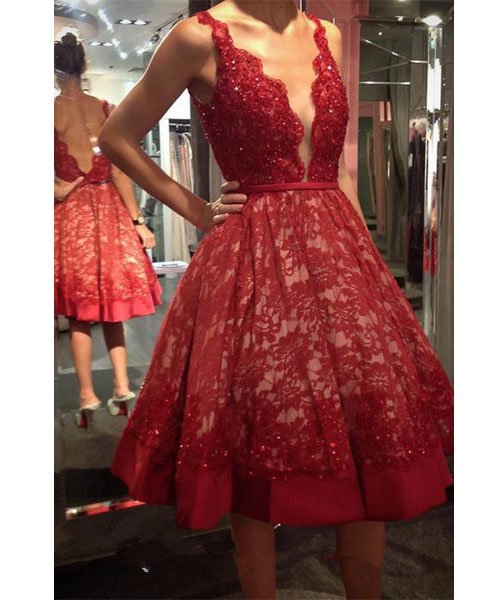 Deep V Neck Lace Homecoming Dress, Red Homecoming Dress